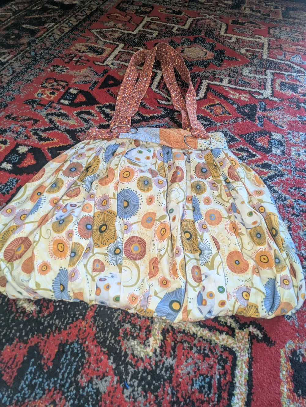 Floral Gathered Cotton Tote in Orange & Blue